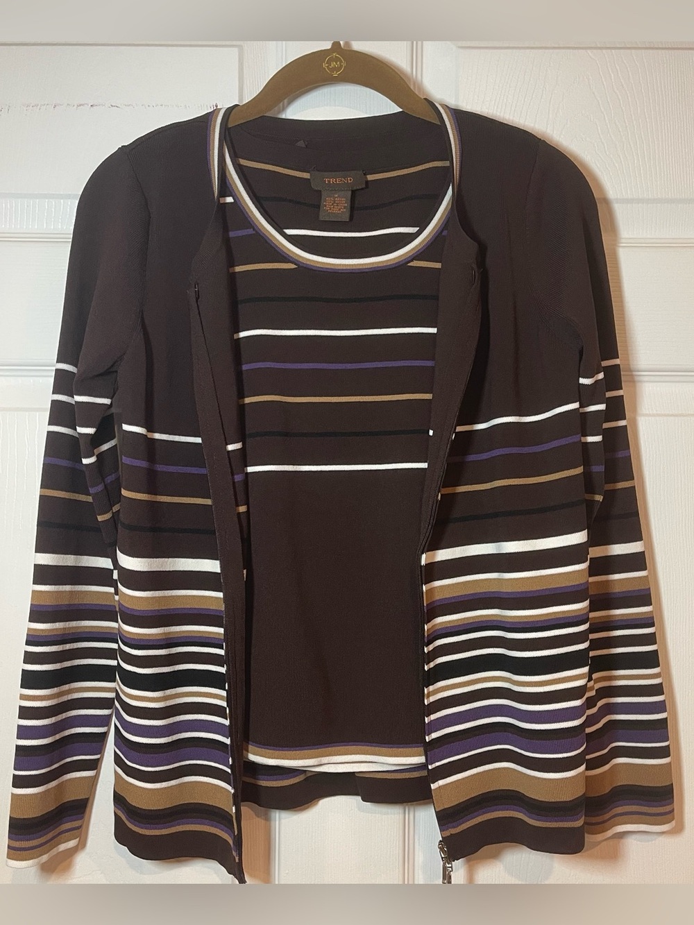 TREND Vintage Y2K 2-Piece Twin Set Brown Striped Zip Cardigan & Matching Tank M
